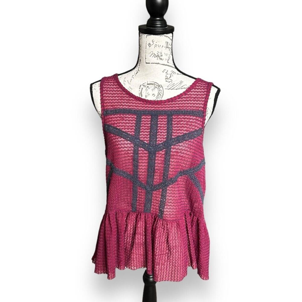 Free People Mesh Knit Peplum Tank Top Pink Purple Geometric Open Back Shirt ~Med